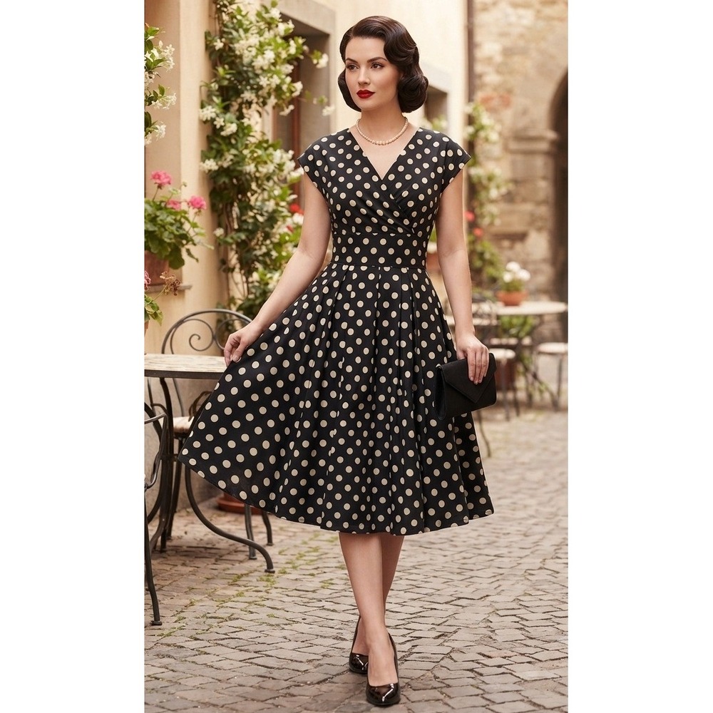 Vivien of Holloway Polka Dot Swing Dress Size 24 Black London 50s Rockabilly